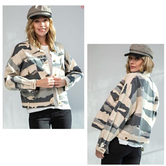 🌸NWT Easel Camo Styler Washed Twill Jacket. Grey/ Creme. 1 SM 1 MED 1 LRG - Picture 3 of 11